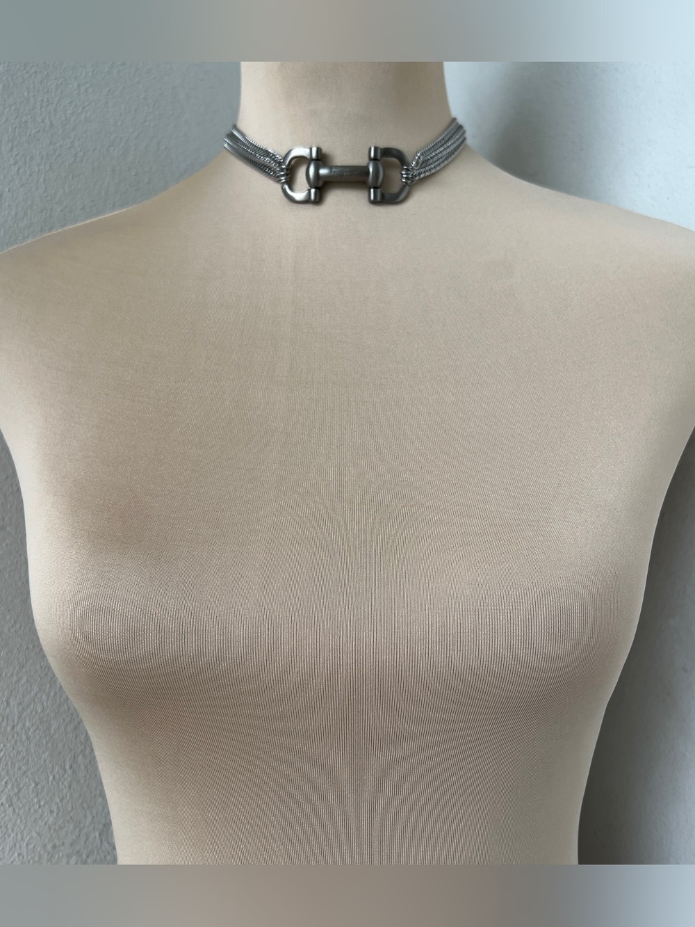 Vtg Salvatore Ferragamo Silver Horsebit Hardware & Multi Chain Choker Necklace - Picture 8 of 9